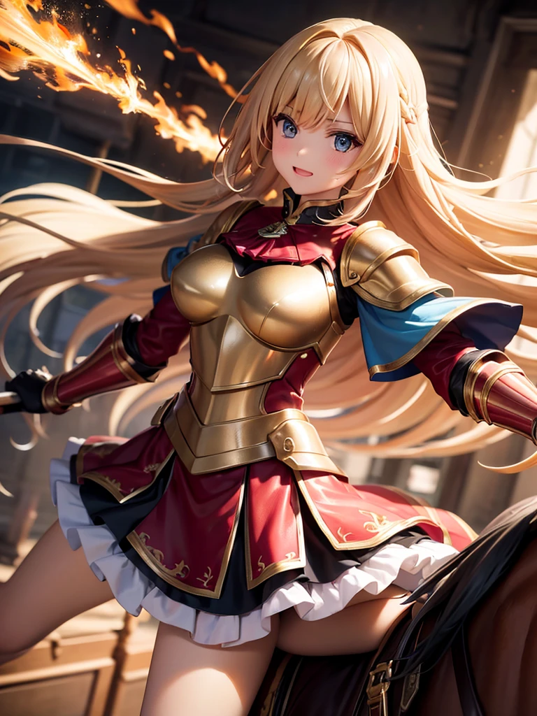 （super masterpiece）、（Excellent paintings）、（1 female）、Shoulder Armor, Arm armor, Breastplate, gauntlet, Golden Armor，red ruffle skirt，red poncho，Show your thighs，battlefield background（burning flame），long hair（Blonde hair color），flowing hair，Metallic texture，（1 armored war horse），horse riding，girl riding on horse，Horse&#39;s legs raised，Arms on the shoulders，(Samurai style greatsword,:1.3), Wearing a golden feather-shaped headdress，show face，Aqua blue pupils（bright colors、glow），rosy skin，rosy skin，Delicate 8k skin texture，High detail vray rendering，light passing through hair（Delicate light and shadow，Exquisite details），Vibrant colors and light and shadow，High detail background，Perfect lighting，Light tracking，HDR，8k，uhd，8K resolution，Ultimate texture，Ultimate picture quality，Ultimate light and shadow，reflection，luster，High contrast，Stunning illustrations，perfect illustration，Light chasing，atmosphere，CG，Movie，close-up（horse riding），barded_steed，