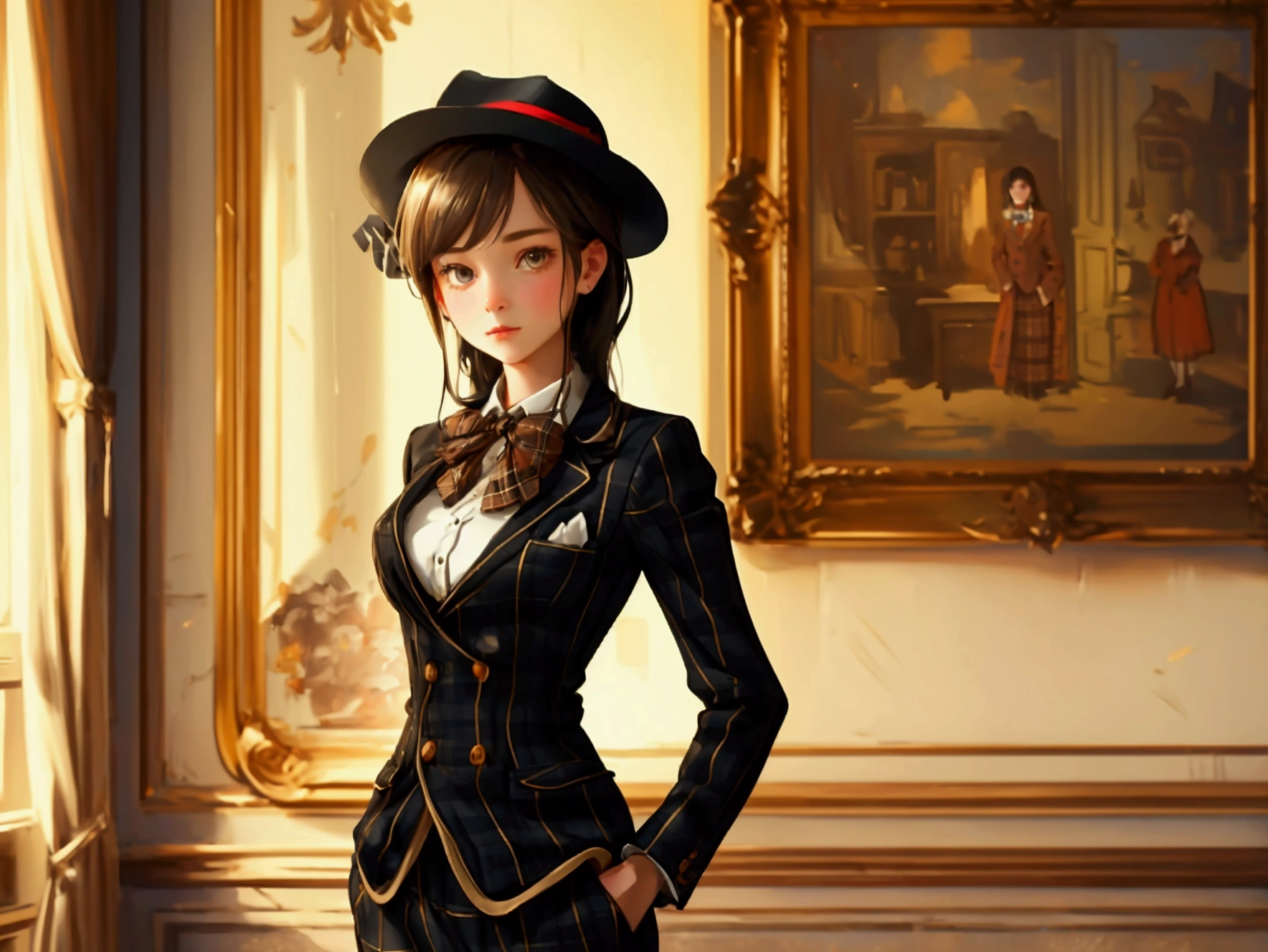 Create a beautifully detailed image featuring a cute girl . The girl should be wearing the same plaid suit with a bow tie and standing confidently with a hand in her pocket. The background should remain a luxurious, vintage room with wooden walls, a framed painting, and rich details. The overall theme and style of the image should be preserved exactly, maintaining the warm lighting and sophisticated atmosphere