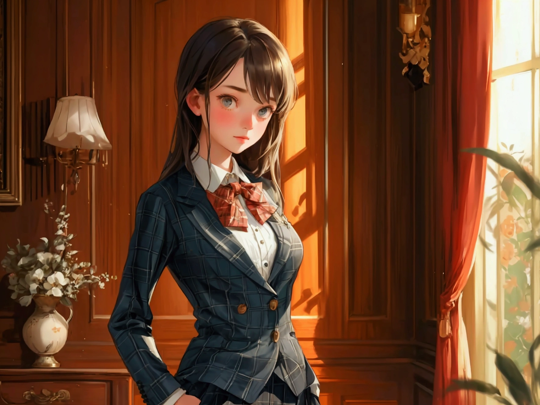 Create a beautifully detailed image featuring a cute girl . The girl should be wearing the same plaid suit with a bow tie and standing confidently with a hand in her pocket. The background should remain a luxurious, vintage room with wooden walls, a framed painting, and rich details. The overall theme and style of the image should be preserved exactly, maintaining the warm lighting and sophisticated atmosphere
