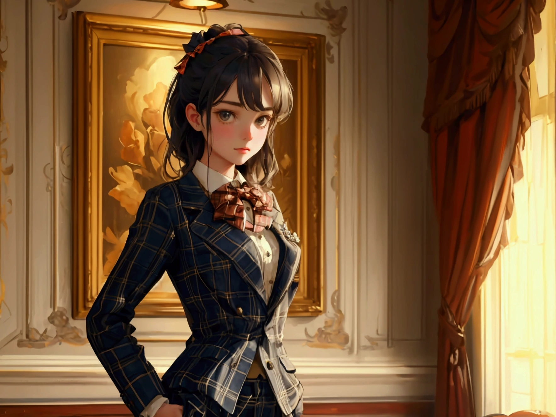 Create a beautifully detailed image featuring a cute girl . The girl should be wearing the same plaid suit with a bow tie and standing confidently with a hand in her pocket. The background should remain a luxurious, vintage room with wooden walls, a framed painting, and rich details. The overall theme and style of the image should be preserved exactly, maintaining the warm lighting and sophisticated atmosphere