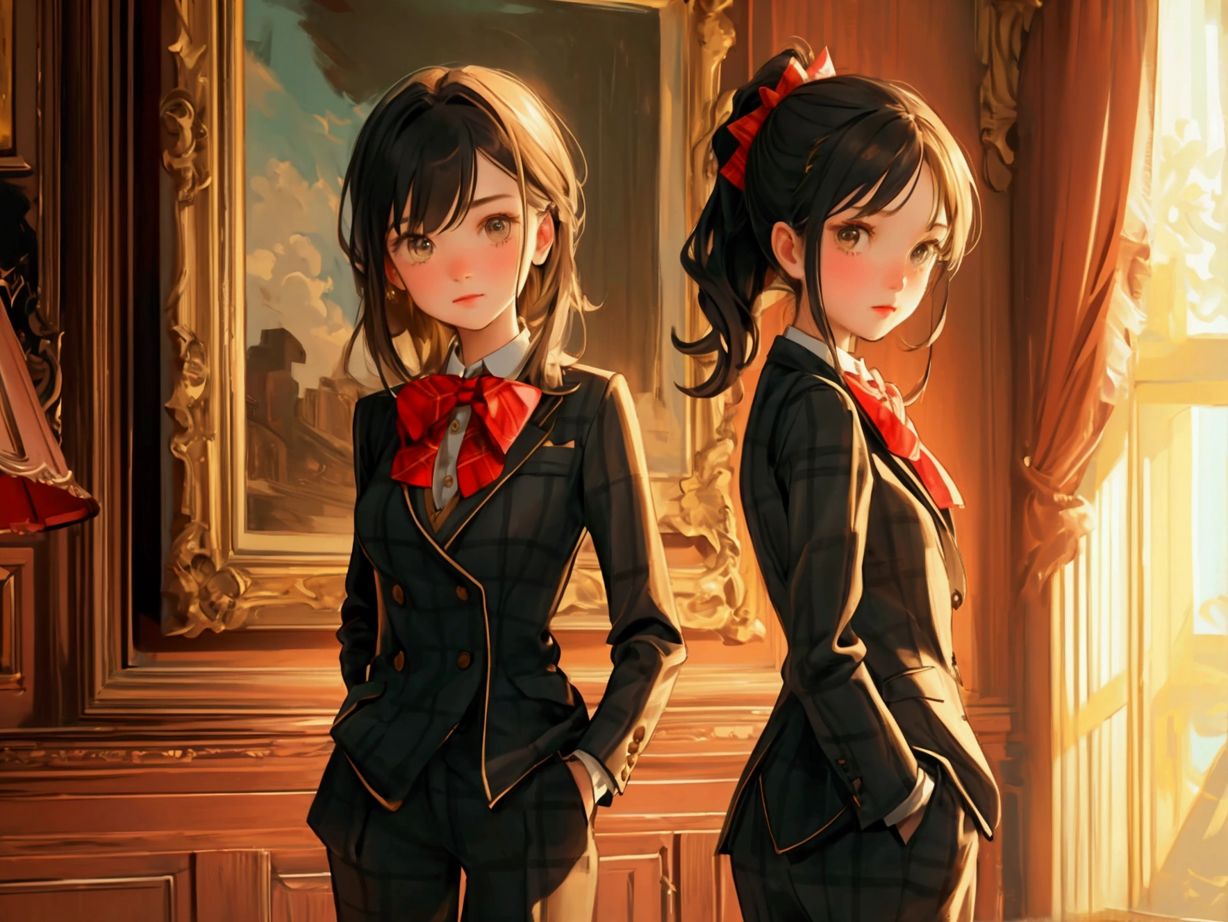 Create a beautifully detailed image featuring a cute girl . The girl should be wearing the same plaid suit with a bow tie and standing confidently with a hand in her pocket. The background should remain a luxurious, vintage room with wooden walls, a framed painting, and rich details. The overall theme and style of the image should be preserved exactly, maintaining the warm lighting and sophisticated atmosphere