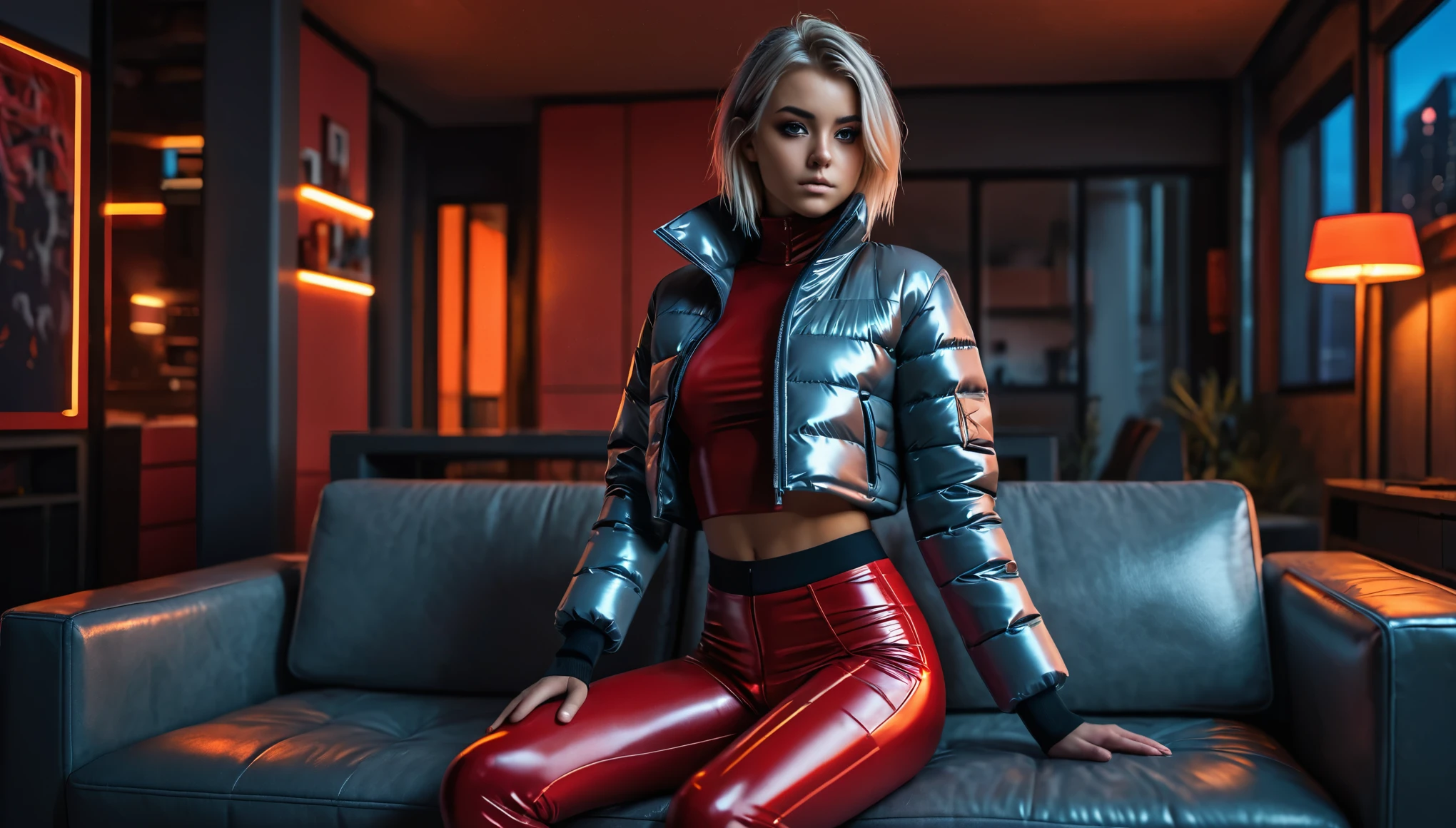 8k, high resolution, masterpiece, ultra-detailed, full body shot, ((cute barely legal girl in red latex crop shirt and leggings, grey shiny puffer jacket, wide neckline, deep neckline, random color)), (small perky breasts, small hips, detailed face, long blond slick hair, tattoos), (((in a luxurious cyberpunk apartment, random pose next to a couch))), moody atmosphere, random dramatic and neon colors, intricate details, at night, backlit, full body shot