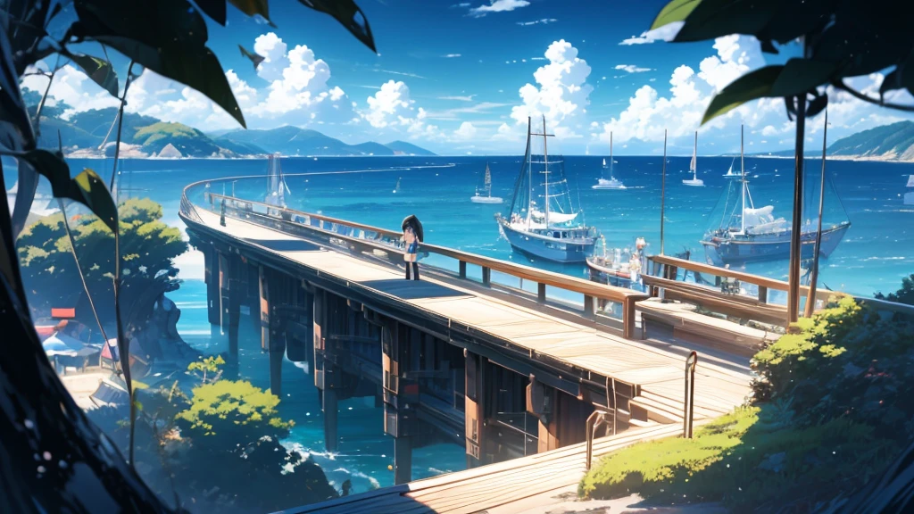 No people、Background only、Flat Line、anime、anime調、デジタルanimeアート、Flat Design,(masterpiece:1.2)、photograph、Back Blur、high quality、High resolution、Very detailed,summer,Ocean、Embankment, 、Breakwater, clear blue sky