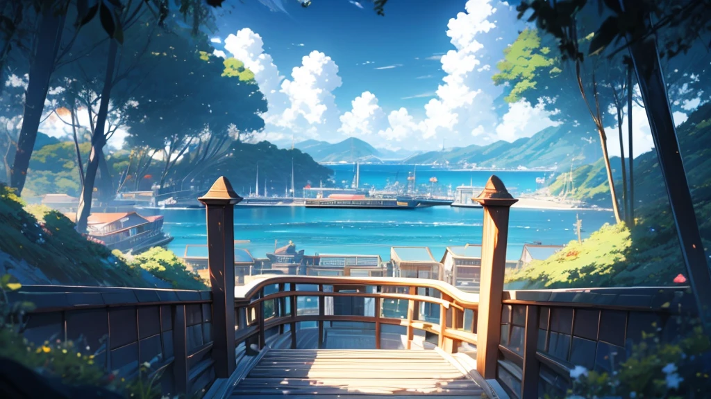 No people、Background only、Flat Line、anime、anime調、デジタルanimeアート、Flat Design,(masterpiece:1.2)、photograph、Back Blur、high quality、High resolution、Very detailed,summer,Ocean、Embankment, 、Breakwater, clear blue sky