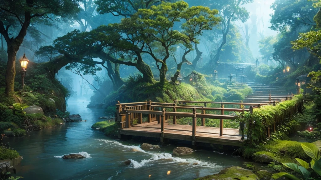 A bridge in the middle of the jungle, ancient relics, fantasy forest scenery, firefly light