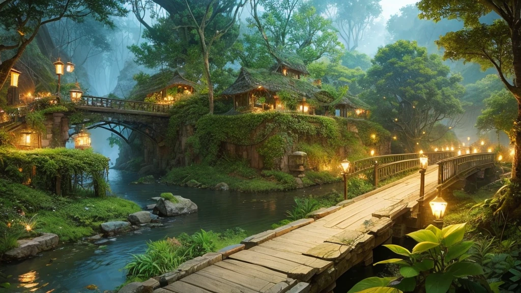 A bridge in the middle of the jungle, ancient relics, fantasy forest scenery, firefly light
