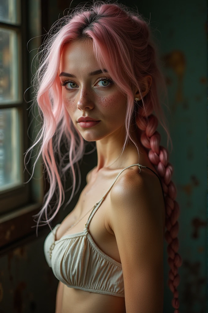 (full-body shot:1) Realistic images (Lying position:1) Surrealism, photography, woman with freckles and long pink hair braided, Miss, 1, Hourglass figure, Perfect body, Flirty look, Natural medium breasts, Blurred Background, make it so she is naked ((naked)) 