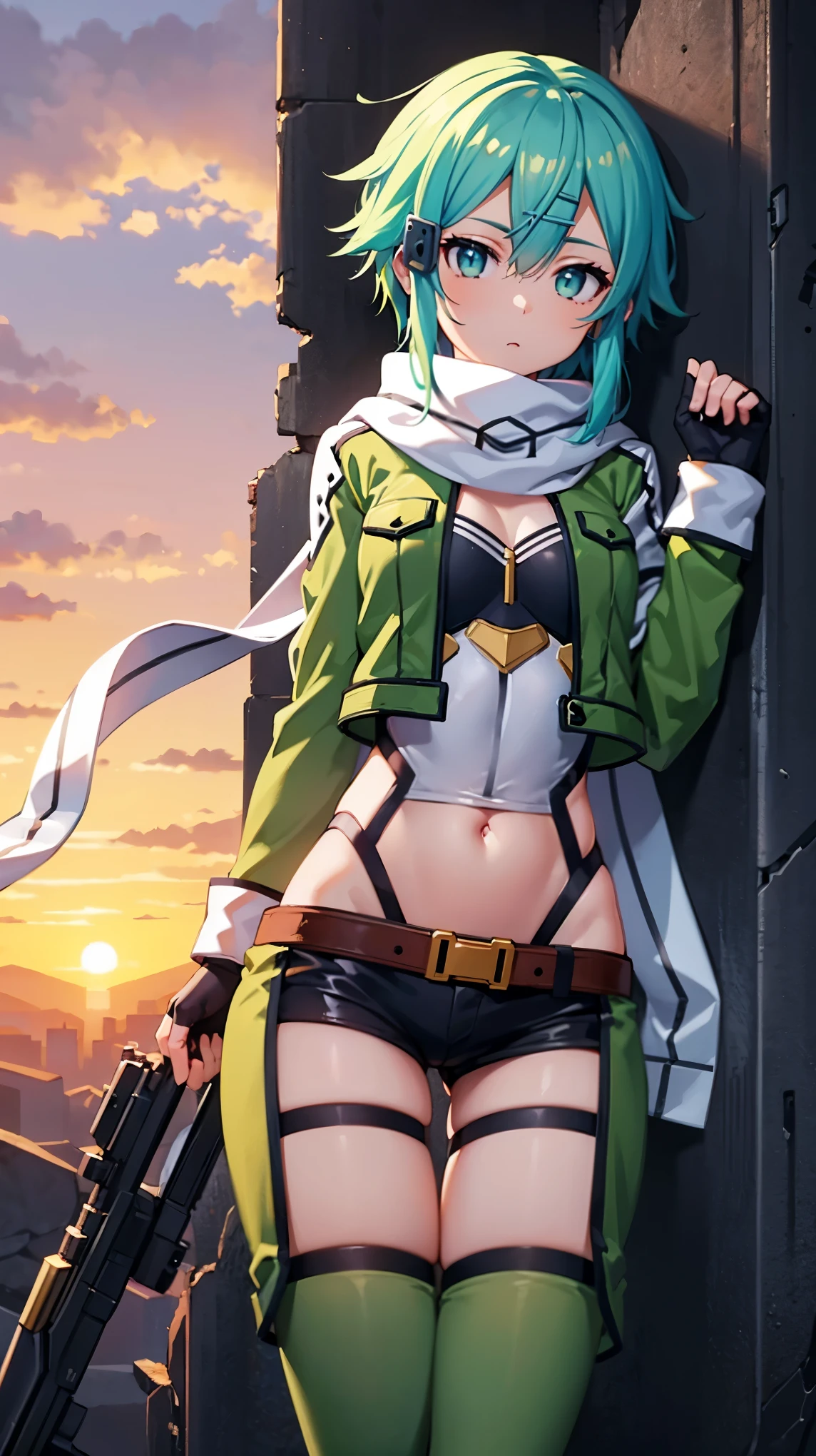 (masterpiece), best quality, expressive eyes, perfect face, highres, sinon1, scarf, fingerless gloves, long sleeves, short shorts,groin, hair ornament, hairclip, green thighhighs, green jacket,covered_nipples, thigh strap, field, sunset_ruins_landscape_background, ruined structures, dynamic_posing, looking at the viewer,,covered_navel,