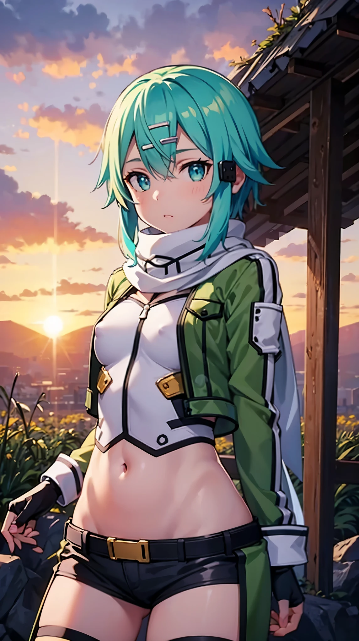(masterpiece), best quality, expressive eyes, perfect face, highres, sinon1, scarf, fingerless gloves, long sleeves, short shorts,groin, hair ornament, hairclip, green thighhighs, green jacket,covered_nipples, thigh strap, field, sunset_ruins_landscape_background, ruined structures, dynamic_posing, looking at the viewer,,covered_navel,