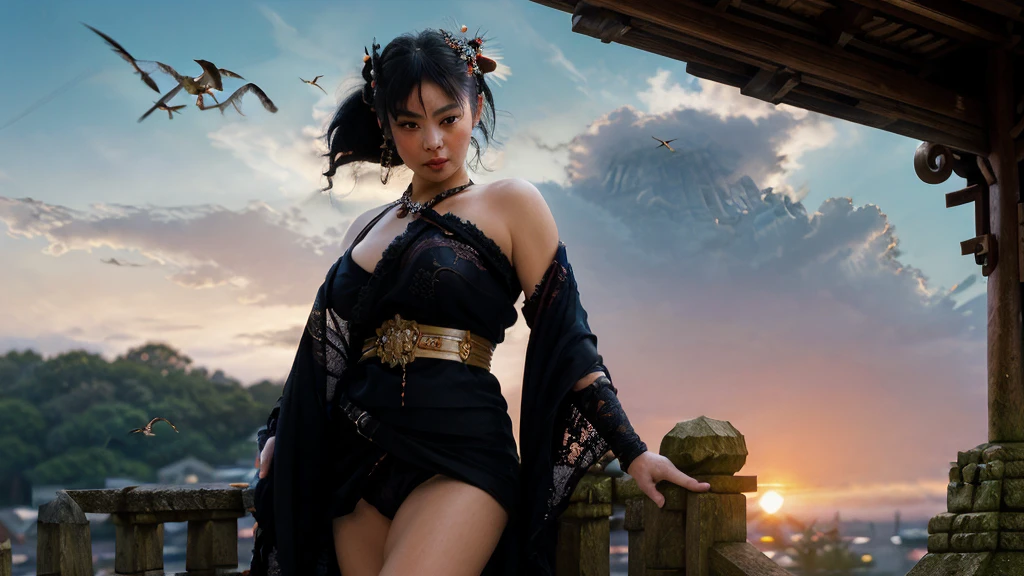 GEISHA- SEXY- LIFTED KIMONO- UPPER BODY- THICK THIGHS- TEMPLE- MEDIEVAL- SWORDS- WARRIOR- SEXY FACE- DETAILED HD- LOW FRAME - BEAUTIFUL- GATER BELT- DETAILED CORCELET- REAR- LOW ANGLE- SUNSET IN BACKGROUND- LACE DETAILED- BIRDS IN THE SKY- STRAIGHT BLACK HAIR WITH BANGS