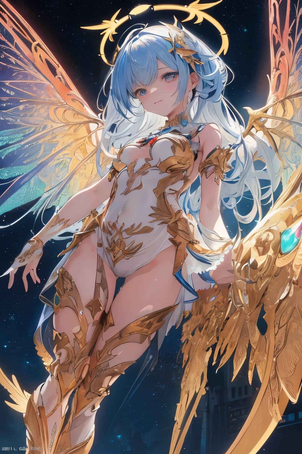 (best quality, masterpiece, colorful, dynamic angle, from below, highest detailed)upper body photo, full body photo, fashion photography of cute mechangel, glowing 4 wings, solo, glowing armor, glowing halo, building, glowing mechanical 4 wings (intricate details, hyperdetailed:1.15), detailed, light passing through hair, (official art, extreme detailed, highest detailed), HDR+