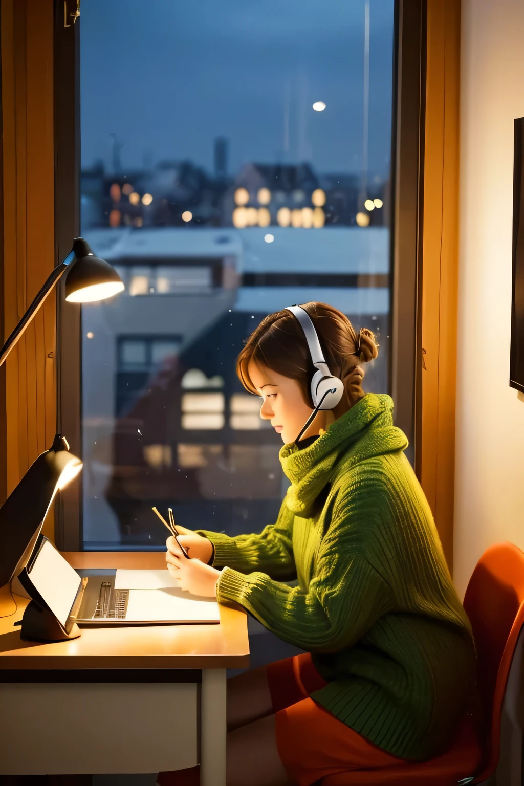 A cozy and warm study room at night with a city view through the window. A girl with brown hair tied in a bun, wearing a green sweater and a red scarf, is sitting at a desk. She is wearing large headphones with a cat design, focusing on writing in a notebook. The desk is cluttered with various stationery items, plants, and a laptop. An orange tabby cat is sitting on the windowsill, looking outside. The room is lit by a desk lamp, creating a calm and studious atmosphere."