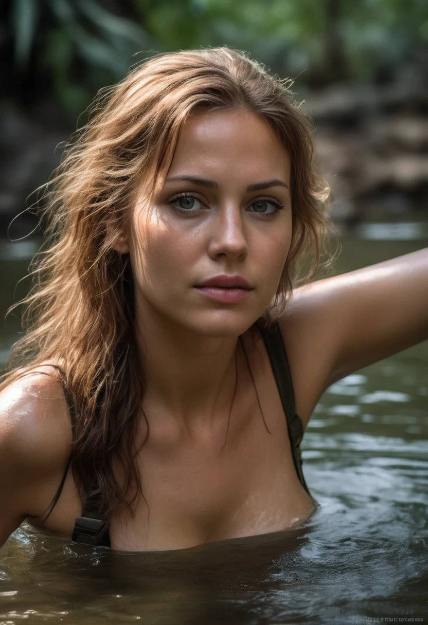 Sexualized hot Grave Raider, ( skswoman ) (she is bathing nude in a jungle lake, realaxing, beautiful shiny breasts 20 years old young woman, clear sexy skin texture  ) An ultra-detailed hyper-realistic photograph of a very beautiful ( Lara Croft Tomb Raider, photorealistic , female , character , woman, sexy , person, girl, portraits ) (cheveux blond), yeux clairs, American Aesthetics, cheveux longs, Nuit, Sinueuse,  Focus on details, style Semi Impasto, peinture mate, atmospheric, rougeoyant, dramatic lighting, beaux yeux, eyes symmetrical, Des yeux parfaits, par Magali Villeneuve, wet, humide, reflection,  ( Proportions parfaites) (Realistic photos) () (detail) photo prise par Canon EOS R5, Objectif 50mm, f/2.8, Hdr,  (movie lighting) (dramatic lighting) (mise au point nette) (complexe) mode, Special Forces Medic, Capitaine,xplosions, battle damage, Manutentionnaire K-9, Manutentionnaire allemand Shephard,