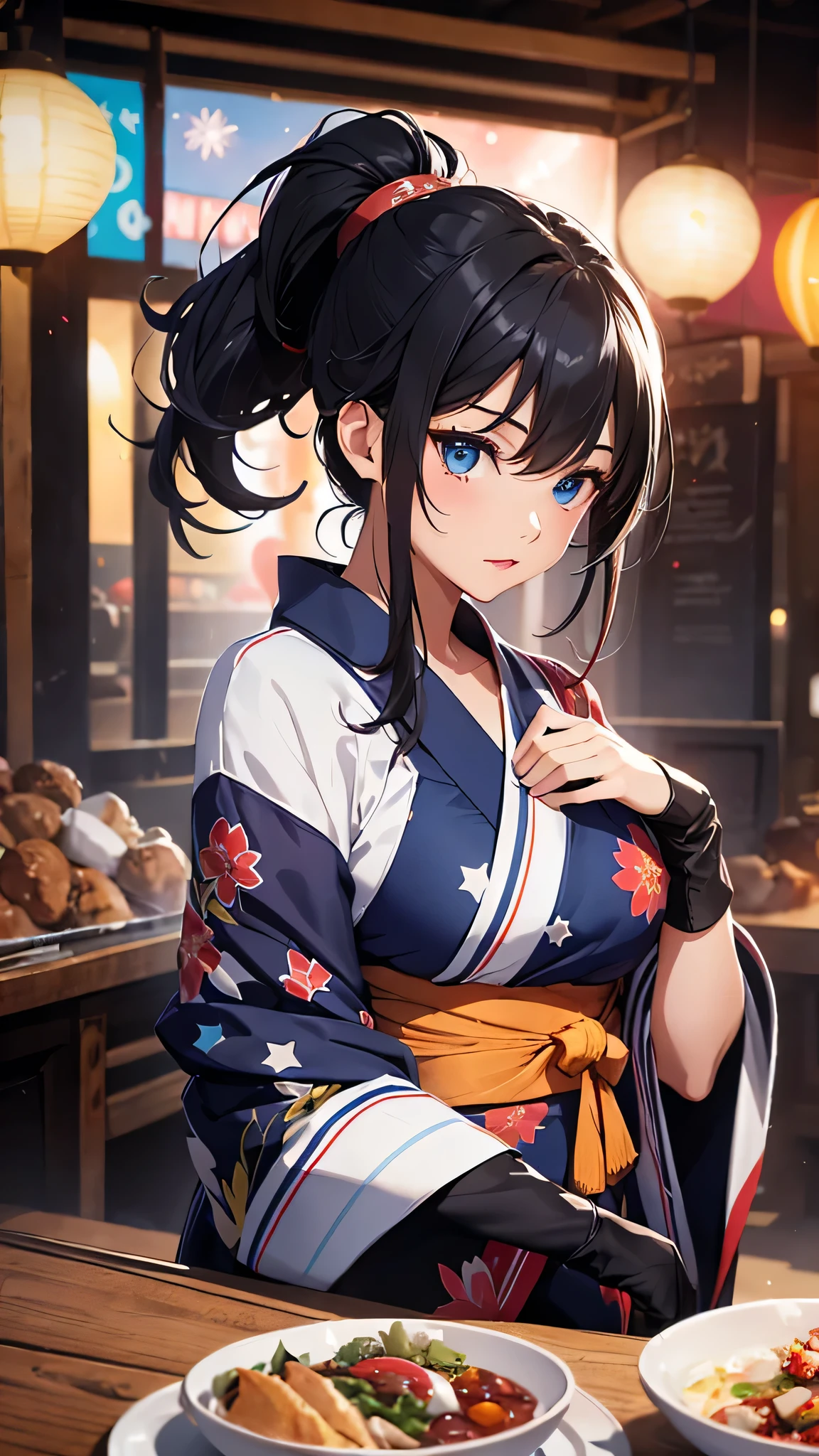最high quality、Best image quality、masterpiece、With a girl((cute、16 years old、Best Bust、Medium Bust、Beautiful Blue Eyes、Spread your chest wide,Black Hair、ponytail、Disheveled Hair、thin、Highest Valley、Red yukata、Red lipstick、Red eyeliner、Cool impression)）high quality、Beautiful art、background((night、festival、stall、Fireworks)),Tabletop、Exquisite design、Visual Arts、Written boundary depth、Best lighting、Highest detail、8ｋ