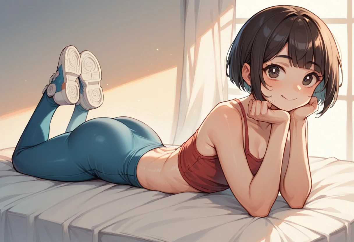 A cute young woman(age 20, Asian, not big boobs, bot big butt. Slim. Short hair) is giving off 'notice me senpai' when she sees viewer