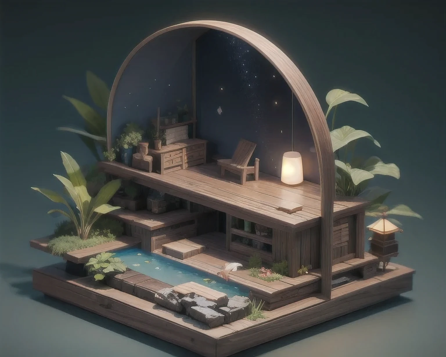 Moon,Koi Pond 1:20 miniatures,Fully detailed,Dreamy tones,Isometric view,c 4 d,Cyberpunk,close up。
Good gloss,best quality,High-definition quality