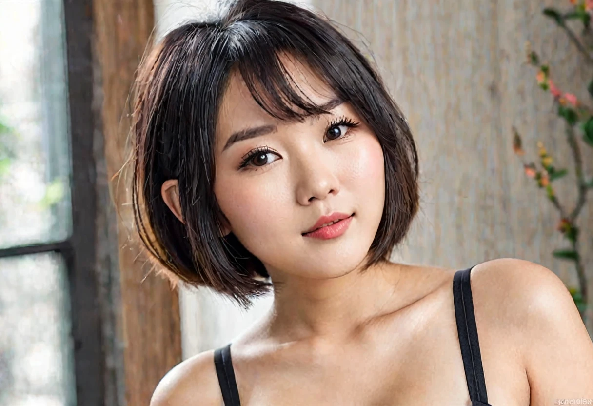 A cute young woman(age 20, Asian, not big boobs, bot big butt. Slim. Short hair) is giving off 'notice me senpai' when she sees viewer
