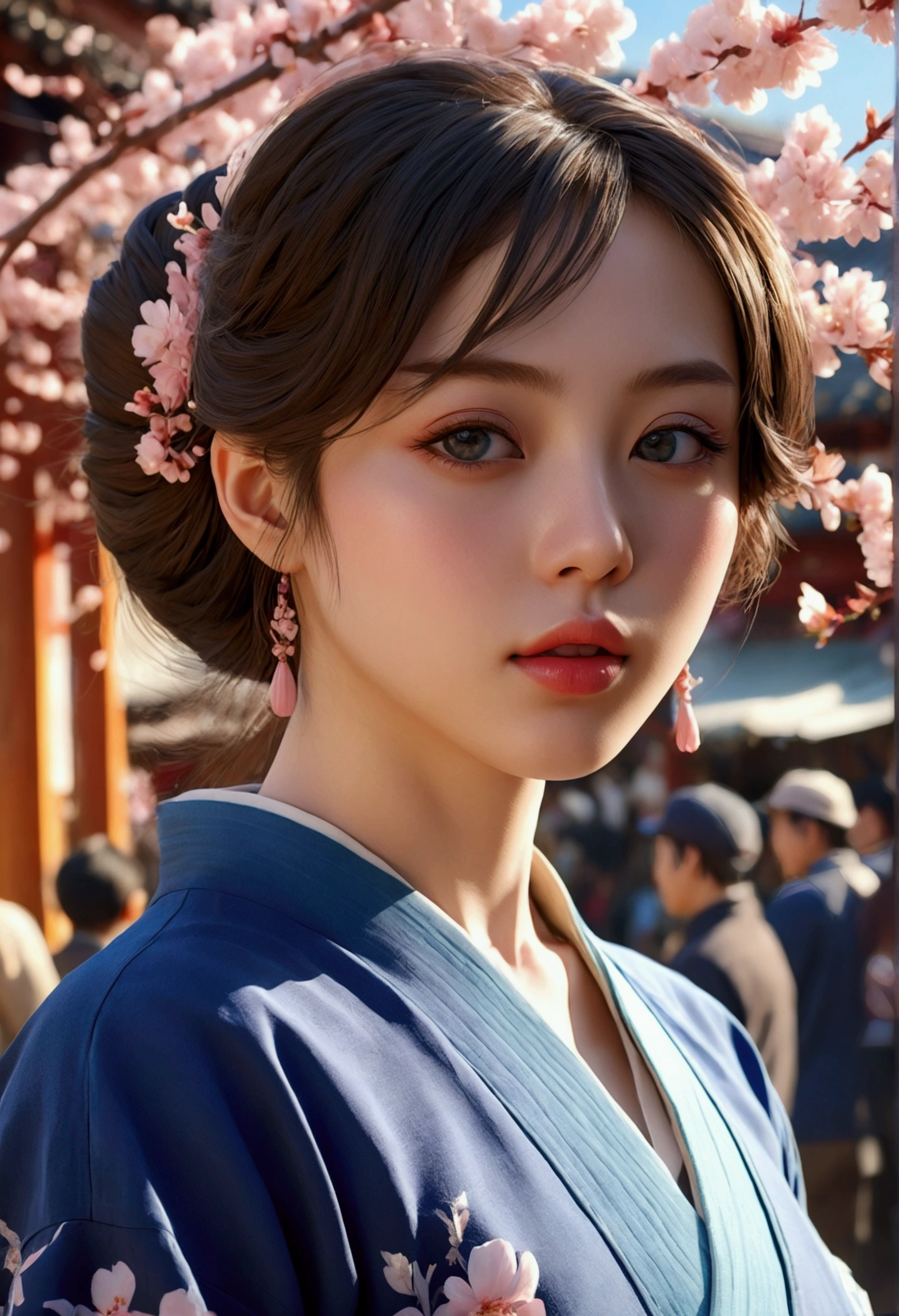 A beautiful anime girl in a bustling market, 1girl, detailed beautiful face, detailed eyes and lips, long eyelashes, intricate blueware ceramics, ornate traditional Japanese architecture, warm sunlight, cherry blossom petals, (best quality,4k,8k,highres,masterpiece:1.2),ultra-detailed,(realistic,photorealistic,photo-realistic:1.37),vivid colors,cinematic lighting
