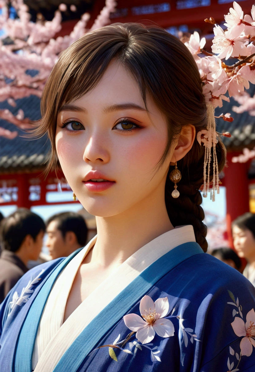 A beautiful anime girl in a bustling market, 1girl, detailed beautiful face, detailed eyes and lips, long eyelashes, intricate blueware ceramics, ornate traditional Japanese architecture, warm sunlight, cherry blossom petals, (best quality,4k,8k,highres,masterpiece:1.2),ultra-detailed,(realistic,photorealistic,photo-realistic:1.37),vivid colors,cinematic lighting