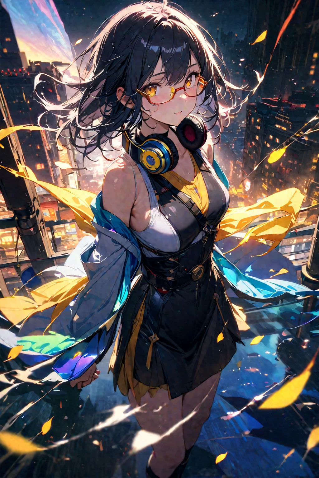 up-and-coming works of art, best quality, super fine, 16k, incredibly absurdres, extremely detailed, beautiful ephemeral girl stands in the city,(((semi-rimless yellow eyewear:1.3))), (headphone around neck:1.2), bedroom eyes, wet short hair, messy hair, wind, wind-effect, moonlit night view, (magnificent view:1.2), clockmetal, falling iridescent petals