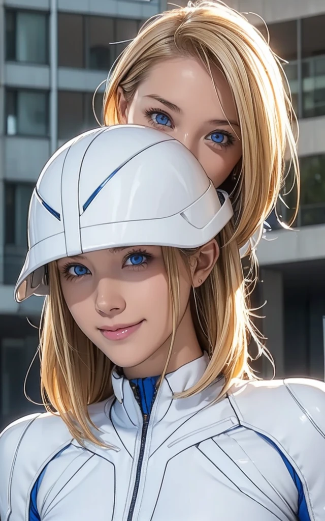 girl, smile, white plugsuit, blonde, blue eyes, Hyper Realistic