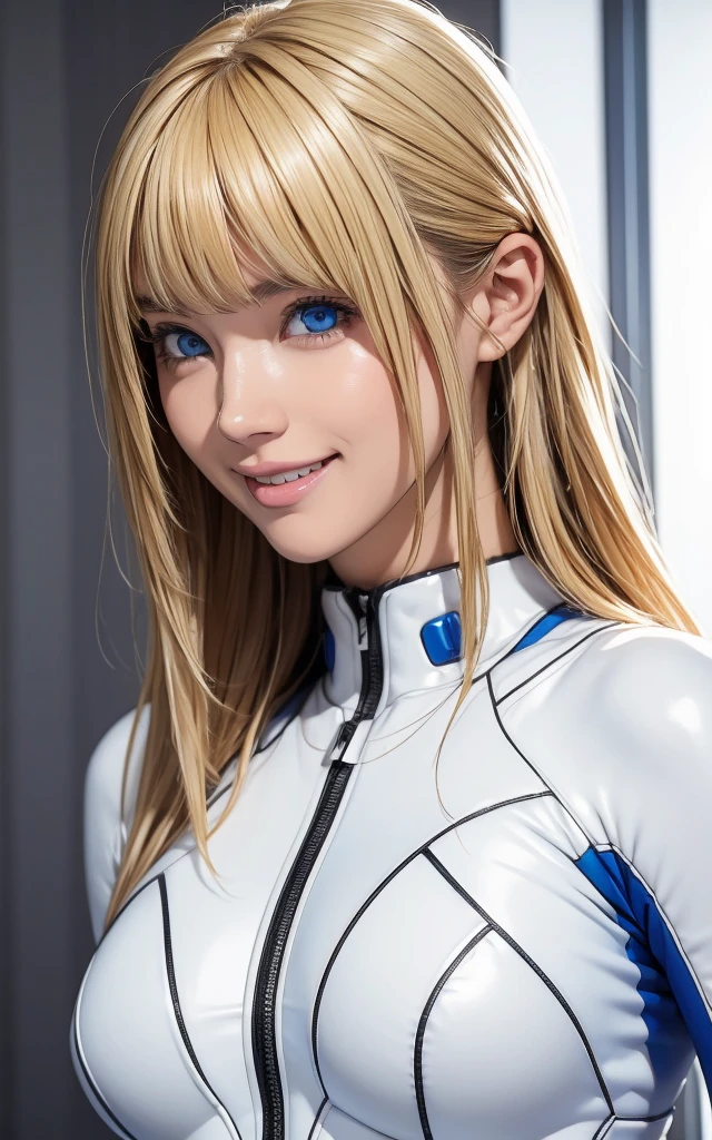 girl, smile, white plugsuit, blonde, blue eyes, Hyper Realistic