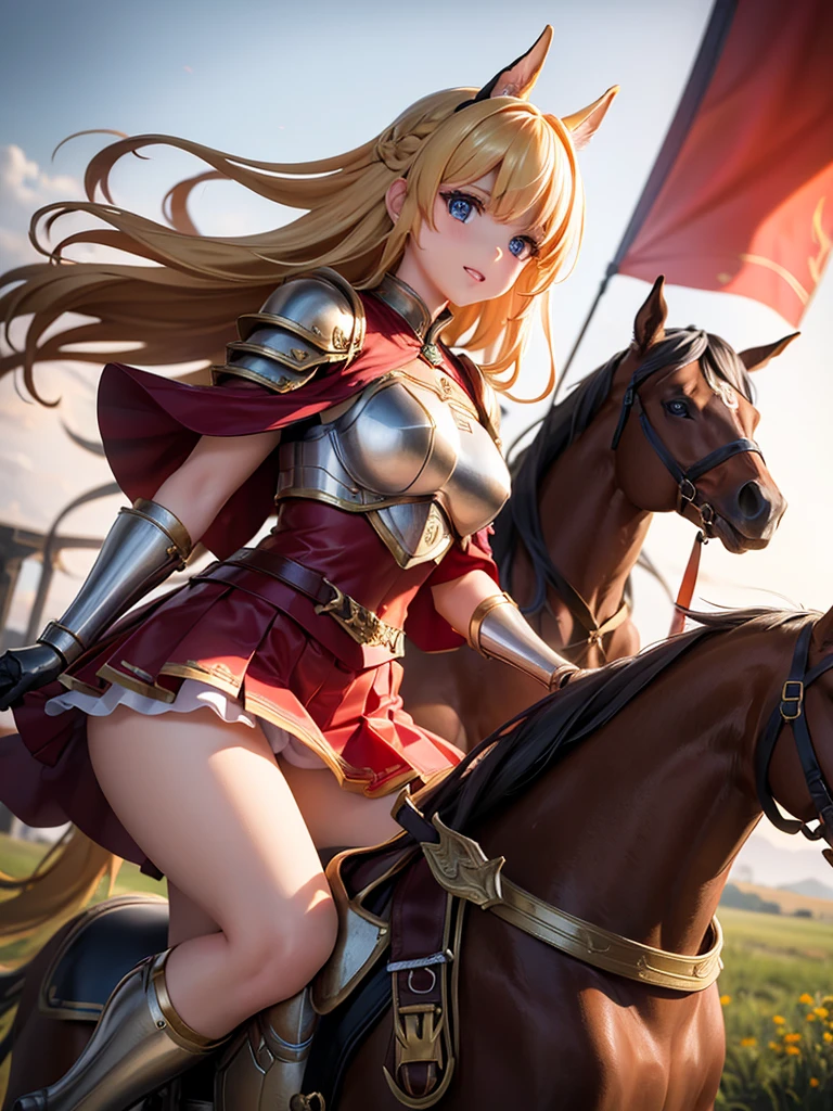 （super masterpiece）、（Excellent paintings）、（1 female）、Shoulder Armor, Arm armor, Breastplate, gauntlet, Golden Armor，red ruffle skirt，red poncho，Show your thighs，battlefield background（burning flame），long hair（Blonde hair color），flowing hair，Metallic texture，（1 armored war horse），horse riding，girl riding on horse，Horse&#39;s legs raised，Arms on the shoulders，(Samurai style greatsword,:1.3), Wearing a golden feather-shaped headdress，show face，Aqua blue pupils（bright colors、glow），rosy skin，rosy skin，Delicate 8k skin texture，High detail vray rendering，light passing through hair（Delicate light and shadow，Exquisite details），Vibrant colors and light and shadow，High detail background，Perfect lighting，Light tracking，HDR，8k，uhd，8K resolution，Ultimate texture，Ultimate picture quality，Ultimate light and shadow，reflection，luster，High contrast，Stunning illustrations，perfect illustration，Light chasing，atmosphere，CG，Movie，close-up（horse riding），barded_steed，