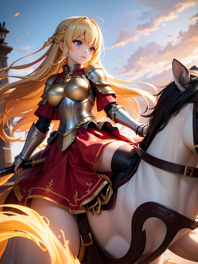 （super masterpiece）、（Excellent paintings）、（1 female）、Shoulder Armor, Arm armor, Breastplate, gauntlet, Golden Armor，red ruffle skirt，red poncho，Show your thighs，battlefield background（burning flame），long hair（Blonde hair color），flowing hair，Metallic texture，（1 armored war horse），horse riding，girl riding on horse，Horse&#39;s legs raised，Arms on the shoulders，(Samurai style greatsword,:1.3), Wearing a golden feather-shaped headdress，show face，Aqua blue pupils（bright colors、glow），rosy skin，rosy skin，Delicate 8k skin texture，High detail vray rendering，light passing through hair（Delicate light and shadow，Exquisite details），Vibrant colors and light and shadow，High detail background，Perfect lighting，Light tracking，HDR，8k，uhd，8K resolution，Ultimate texture，Ultimate picture quality，Ultimate light and shadow，reflection，luster，High contrast，Stunning illustrations，perfect illustration，Light chasing，atmosphere，CG，Movie，close-up（horse riding），barded_steed，