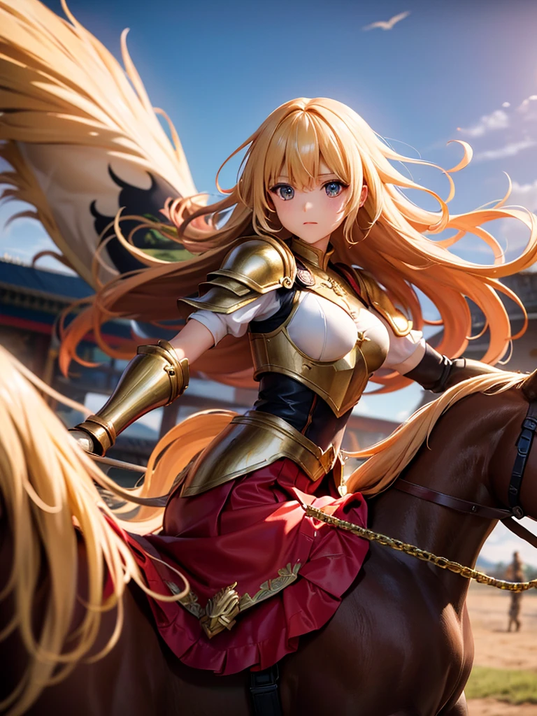 （super masterpiece）、（Excellent paintings）、（1 female）、Shoulder Armor, Arm armor, Breastplate, gauntlet, Golden Armor，red ruffle skirt，red poncho，Show your thighs，battlefield background（burning flame），long hair（Blonde hair color），flowing hair，Metallic texture，（1 armored war horse），horse riding，girl riding on horse，Horse&#39;s legs raised，Arms on the shoulders，(Samurai style greatsword,:1.3), Wearing a golden feather-shaped headdress，show face，Aqua blue pupils（bright colors、glow），rosy skin，rosy skin，Delicate 8k skin texture，High detail vray rendering，light passing through hair（Delicate light and shadow，Exquisite details），Vibrant colors and light and shadow，High detail background，Perfect lighting，Light tracking，HDR，8k，uhd，8K resolution，Ultimate texture，Ultimate picture quality，Ultimate light and shadow，reflection，luster，High contrast，Stunning illustrations，perfect illustration，Light chasing，atmosphere，CG，Movie，close-up（horse riding），barded_steed，