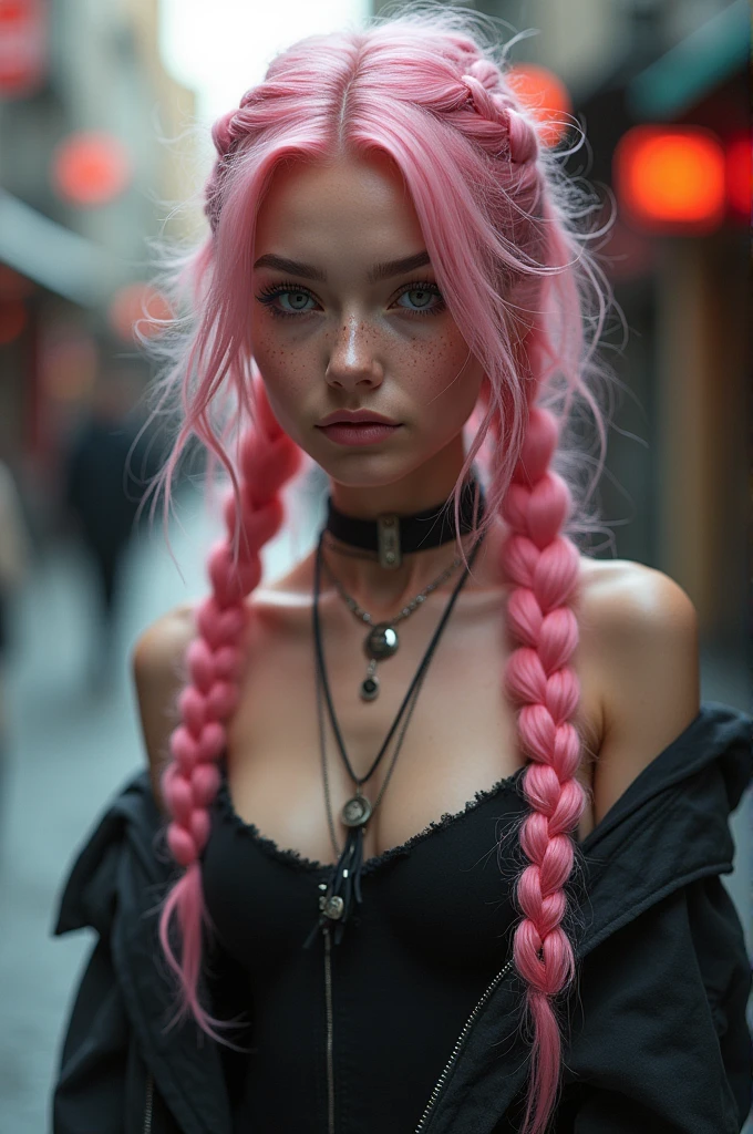 (Realisttic:1.2), analog photo style, Beautiful young woman, posing, with freckles and long pink hair braided, (cyberpunk dark fantasy atmosphere), soft natural light, cute and sexy, great quality, Masterpiece, detailed strange background, better performance, 16k quality, RAW photo, in a street, cyberpunk street