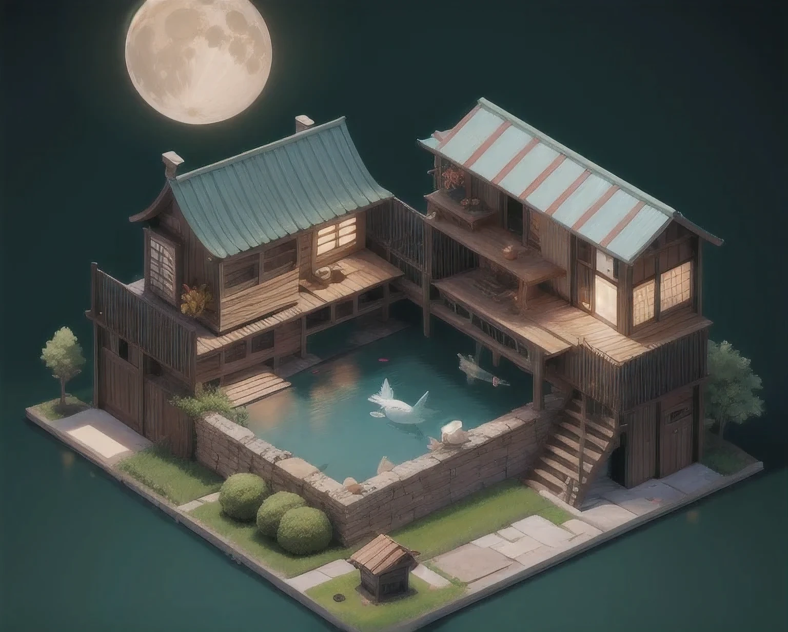 Moon,Koi Pond 1:20 miniatures,Fully detailed,Dreamy tones,Isometric view,c 4 d,Cyberpunk,close up。
Good gloss,best quality,High-definition quality