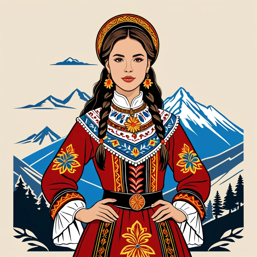woman in andorra folk outfit, vector graphics, strong contours