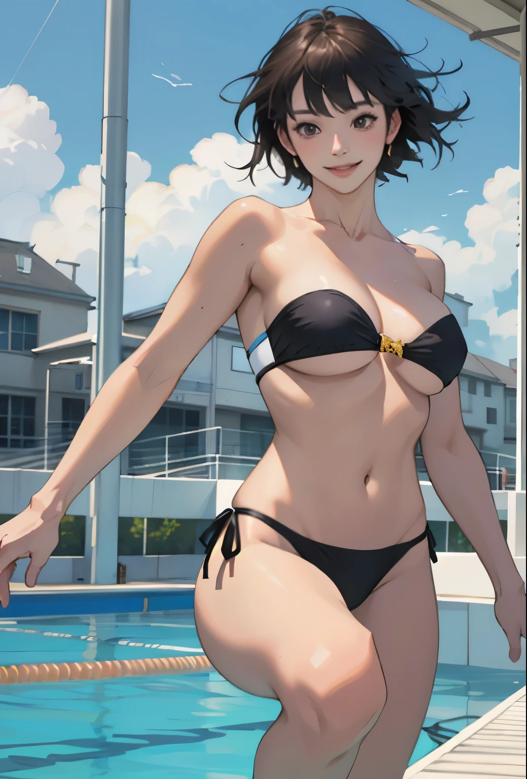 sleeping,1 girl, black eye patch, right eye covering, short hair, blue eyes, short black, black eye patch, 1 girl, Himeno (chainsaw man), masterpiece, best quality, high resolution, ,eye patch, chest, , outdoors, background sea, HMN1, (Micro bikini:1.4), on all fours