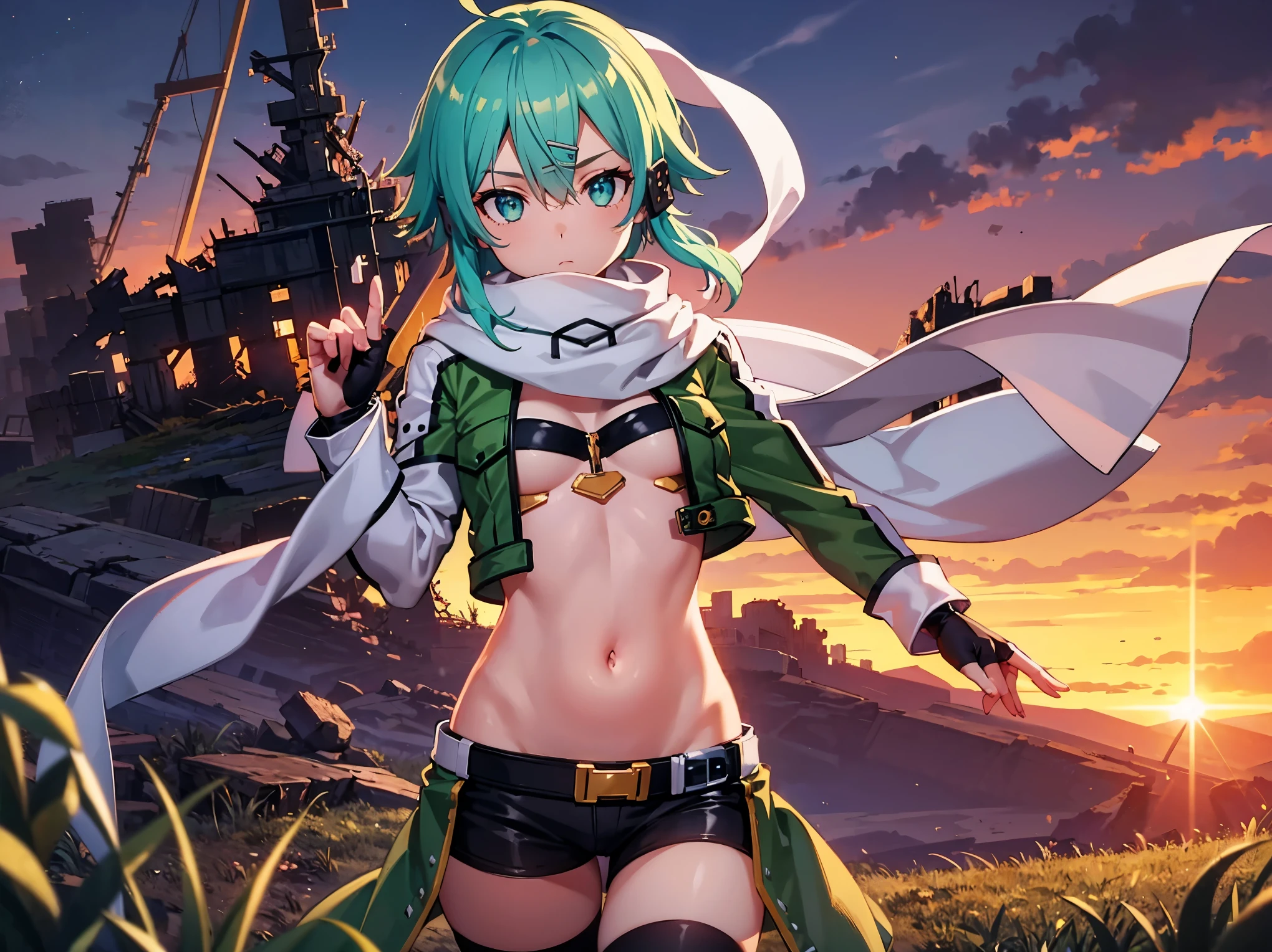 (masterpiece), best quality, expressive eyes, perfect face, highres, sinon1, scarf, fingerless gloves, long sleeves, short shorts,groin, hair ornament, hairclip, green thighhighs, green jacket,covered_nipples, thigh strap, field, sunset_ruins_landscape_background, ruined structures, dynamic_posing, looking at the viewer,,covered_navel,