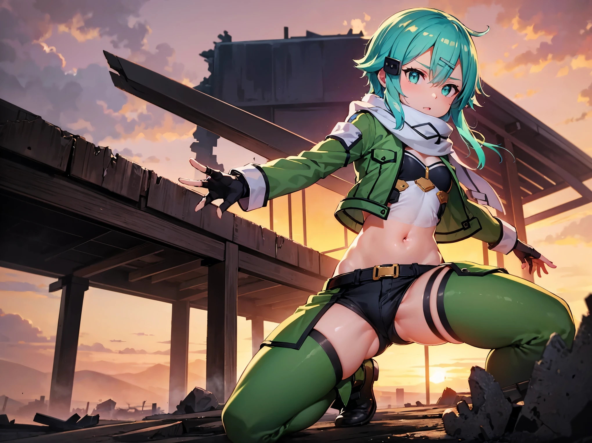 (masterpiece), best quality, expressive eyes, perfect face, highres, sinon1, scarf, fingerless gloves, long sleeves, short shorts,groin, hair ornament, hairclip, green thighhighs, green jacket,covered_nipples, thigh strap, field, sunset_ruins_landscape_background, ruined structures, dynamic_posing, looking at the viewer,,covered_navel,