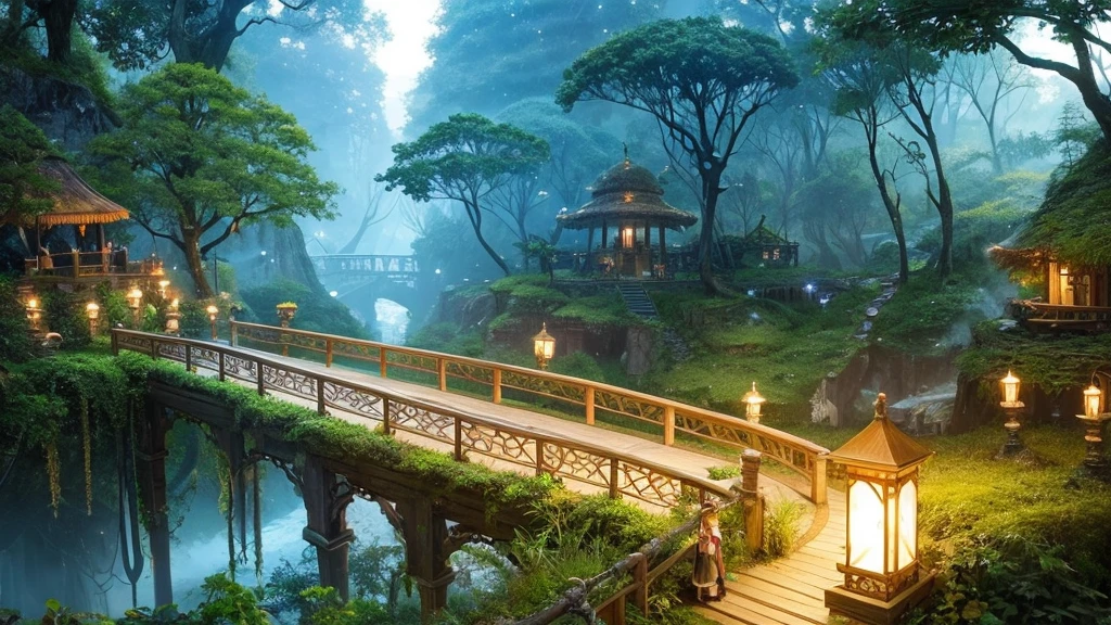 A bridge in the middle of the jungle, ancient relics, fantasy forest scenery, firefly light, elf forset