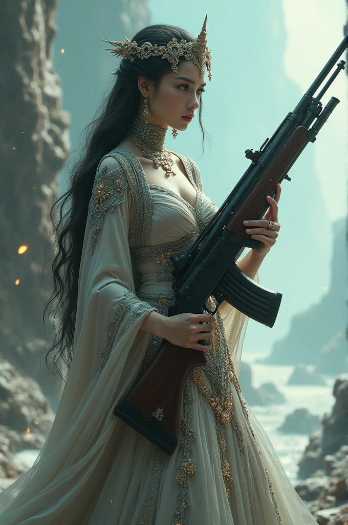 uhd, high details, best quality, goddess, gun