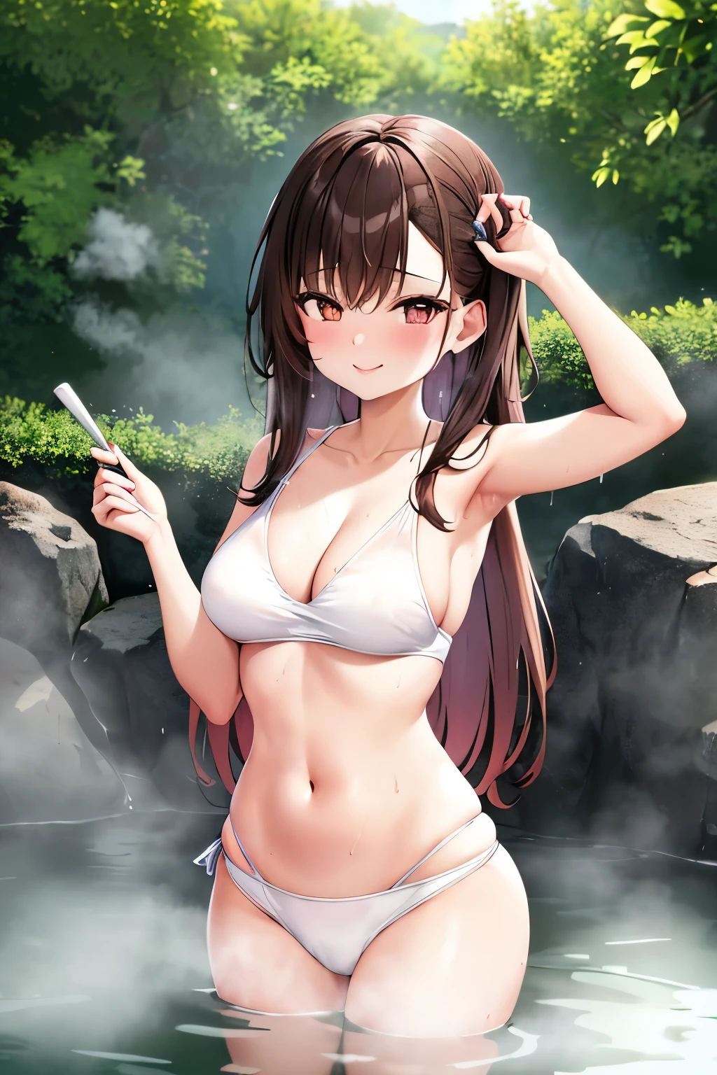 Highest quality, masterpiece, alone, 1 female、Age 25, Small breasts, (Natural Breasts), (Cleavage), (Slim figure), From the side, (View your viewers:1.2), (Warm up in the hot springs), (White highlight on pupil:1.2), (Dark reddish brown eyes), (Brown Hair:1.2), Wet Hair, Medium Hair, Tie your hair back, (White skin), White beautiful skin, Wet Skin, (blush:1.2), A shy smile, Mouth closed, (Large hot springs:1.2), (vapor:1.2), (Make the background blur large to make the woman stand out:1.3), (Background Flowers), (The sunlight shines in)
