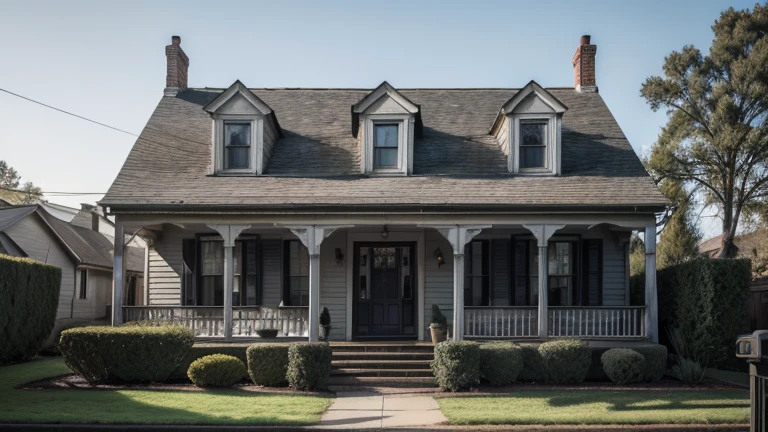 front of an old house from the 10s, with dark windows and a mysterious air