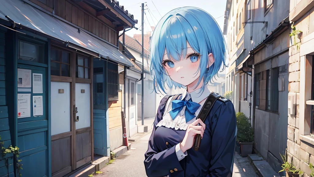 「Blue short hair」in「Girl wearing a German officer's cap」。「Black cloak」Wearing。Background「Berlin city as a battlefield in 1945」