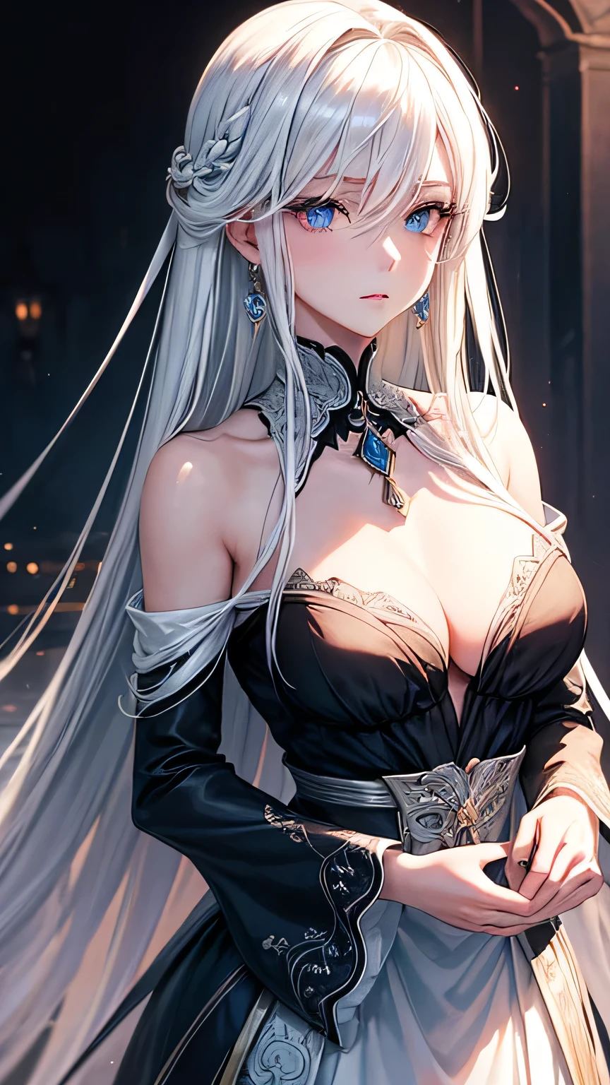 An elegant and detailed illustration of a character with long, flowing platinum blonde hair cascading down her shoulders. She should have striking light blue eyes that exude a captivating and intense gaze. Her complexion should be fair, with a composed and serene expression, hinting at mystery. She wears a high-collared black top, adding to her sophisticated and enigmatic aura. Include long, dangling earrings to enhance her elegance. Set the background against a warm and soft sunset or sunrise, adding to the serene and picturesque quality of the scene.