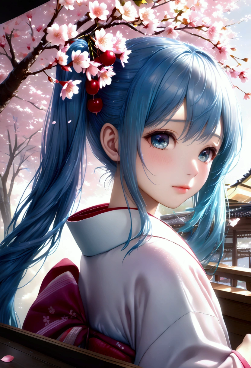 mikudef ,miku hatsune, blue hair, twin tails, blushing, cute and shy, kimono, kyoto, japan, daytime, cherry blossoms, falling cherry blossom petals, a shower of cherry blossoms, masterpiece, best quality, 8k, highres, ultra-detailed, (realistic:1.37), (photorealistic:1.37), HDR, UHD, studio lighting, ultra-fine painting, sharp focus, physically-based rendering, extreme detail description, professional,