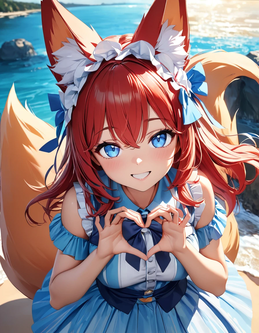 A anime cute 21-year-old fox girl with blue eyes, long red hair, fox ears, and a fox tail. She is cheerful, very kind, friendly, and happy—more than happy. She is making a heart pose with both hands at a beautiful beach, wearing a very colorful and extravagant dress, and thanking her viewers. (quality: 10, detail: 10, background detail: 10, Masterpiece 1.4, Ultra-detailed, High resolution, 8K, Photorealistic, Intricate details, Sharp focus, Vivid colors, Professional lighting, Award-winning, Highly detailed, Cinema quality, Beautiful composition)Hochauflösung, Meisterwerk, Beste Qualität, Mehrfach ausgezeichnet, HD-Modell, , Hohe Qualität, UHD, Strukturierte Haut, Super detailliert, 