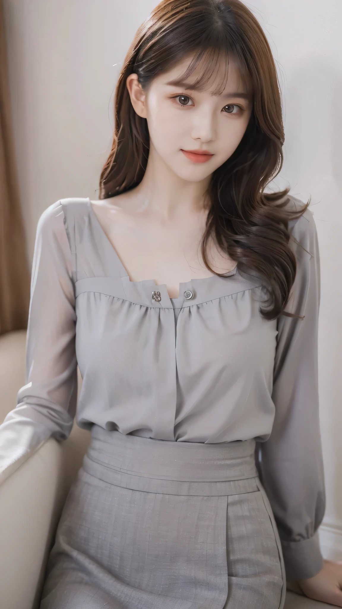 detailed background, masterpiece, best quality, 1 person , curly hair, long hair, purple eyes, star in eye , grey Strapless blouse, long  skirt, grey, tight , grey blouse 