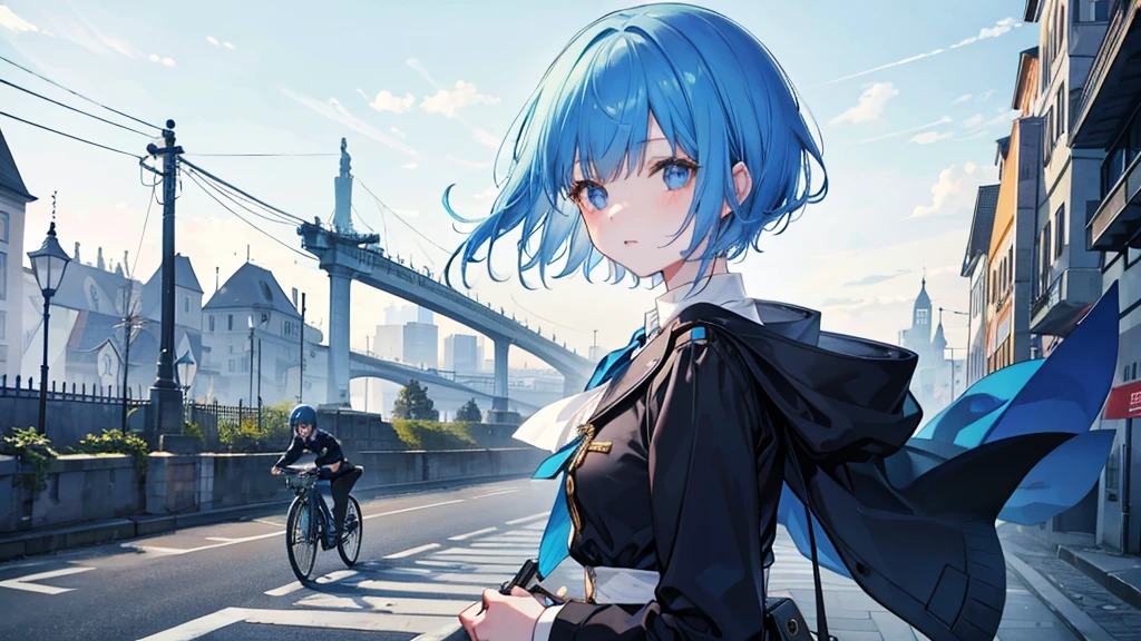 「Blue short hair」in「Girl wearing a German officer's cap」。「Black cloak」Wearing。Background「Berlin city as a battlefield in 1945」