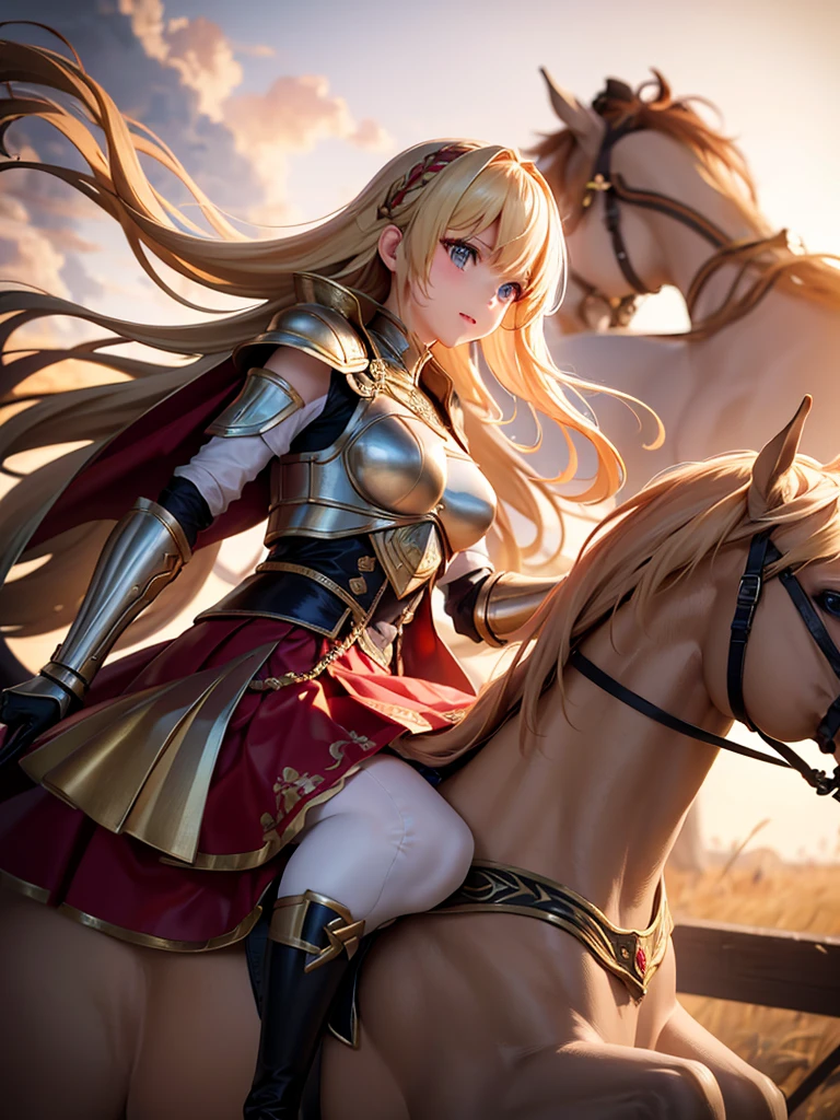 （super masterpiece）、（Excellent paintings）、（1 female）、Shoulder Armor, Arm armor, Breastplate, gauntlet, Golden Armor，red ruffle skirt，red poncho，Show your thighs，battlefield background（burning flame），long hair（Blonde hair color），flowing hair，Metallic texture，（1 armored war horse），horse riding，girl riding on horse，Horse&#39;s legs raised，Shoulder weapons, sword, Arms on the shoulders，((武士風格巨sword,:1.3)), Wearing a golden feather-shaped headdress，show face，Aqua blue pupils（bright colors、glow），rosy skin，rosy skin，Delicate 8k skin texture，High detail vray rendering，light passing through hair（Delicate light and shadow，Exquisite details），Vibrant colors and light and shadow，High detail background，Perfect lighting，Light tracking，HDR，8k，uhd，8K resolution，Ultimate texture，Ultimate picture quality，Ultimate light and shadow，reflection，luster，High contrast，Stunning illustrations，perfect illustration，Light chasing，atmosphere，CG，Movie，close-up（horse riding），barded_steed，