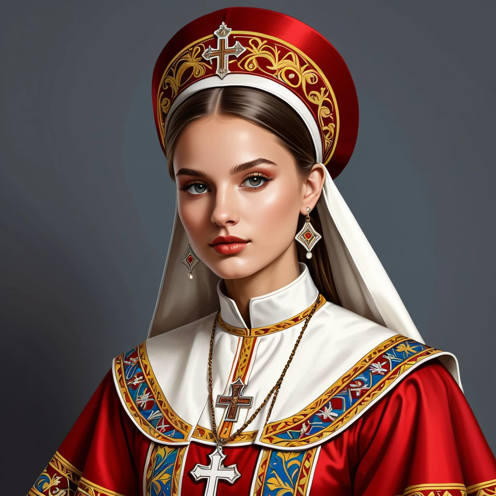 woman in vatican folk outfit, vector graphics, strong contours
