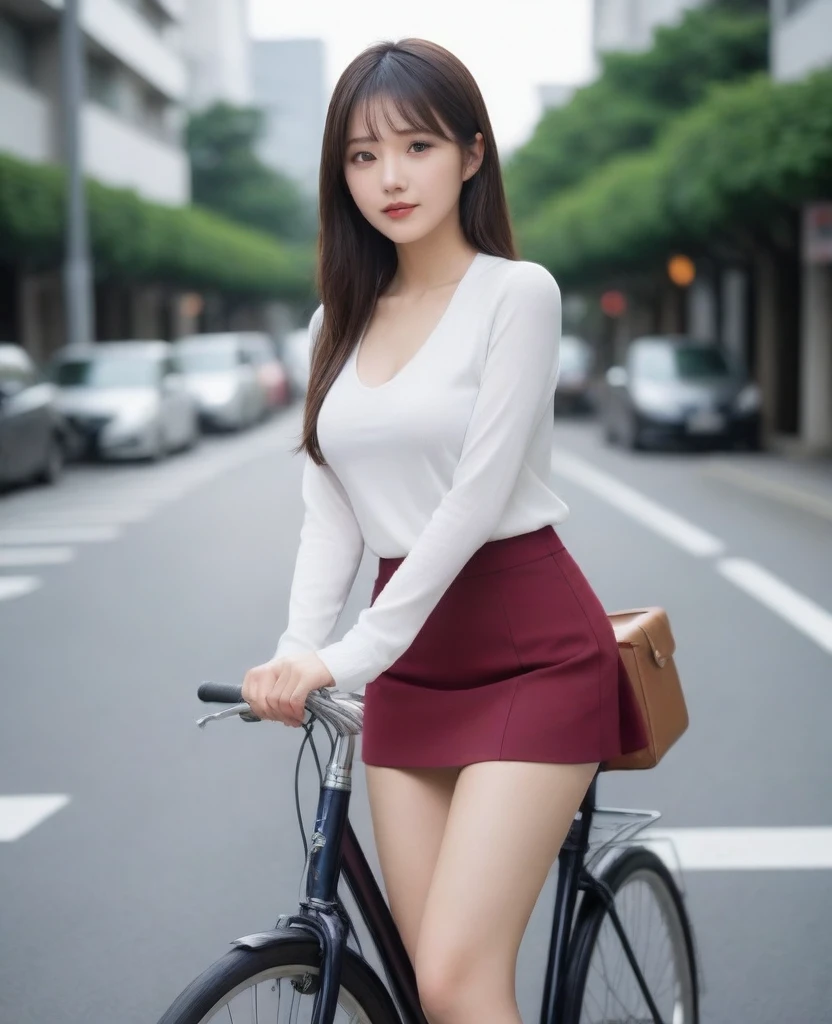 8k, photo realistic, Scores 9, 8, 7, 6, medium closeup, detailed, very sharp, vivid, solo, biking through Tokyo street, high heel, long legs, beautiful eyes, beautiful thighs, office suits, micro mini skirt, cycle basket, (((riding bicycle:1.5))), bicycle, short hair, exact front view, super low angle:1.5, going fast,  depth of field, beautiful big breasts, slender,  the most beautiful woman, double eyelid, beautiful japanese woman, 25 yo, strong wind, slim beautiful legs, sexy pantie stocking, foot on pedal, hip on saddle, up_skirt