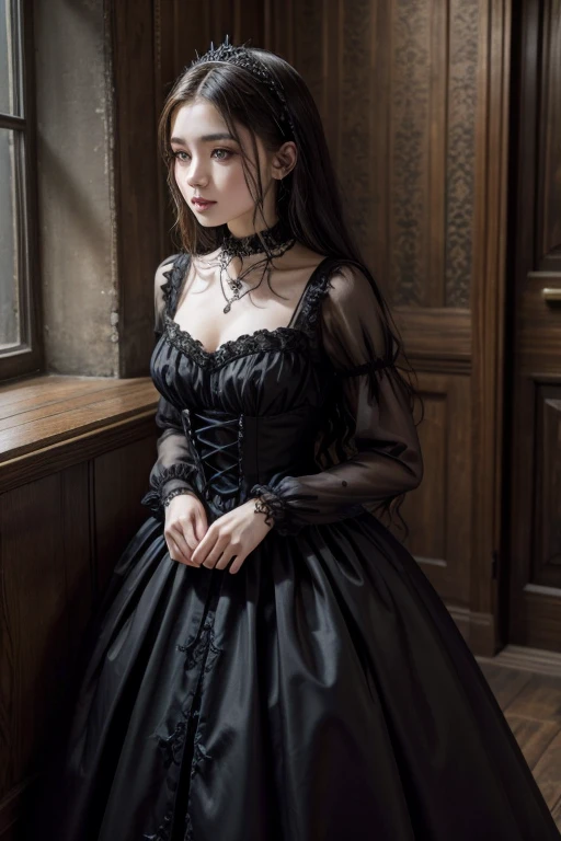 A lovely young 3d girl with black hair, beautiful innocent eyes,The top is soaked , a frightened expression, a slightly trembling body, wearing a rococo dress and black stockings, a full body photo,light, rblack gloves, smile