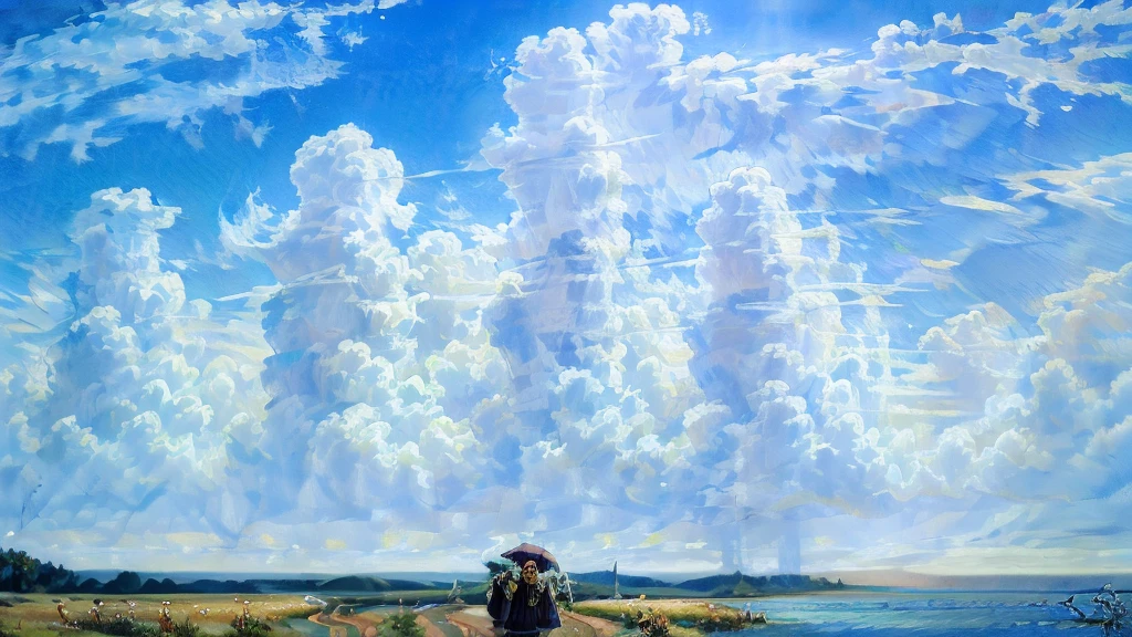 No people、Background only、Flat Line、anime、anime調、デジタルanimeアート、Flat Design,(masterpiece:1.2)、photograph、Back Blur、high quality、High resolution、Very detailed,summer,Ocean、Embankment, Clear blue sky、angle、Aori、look up